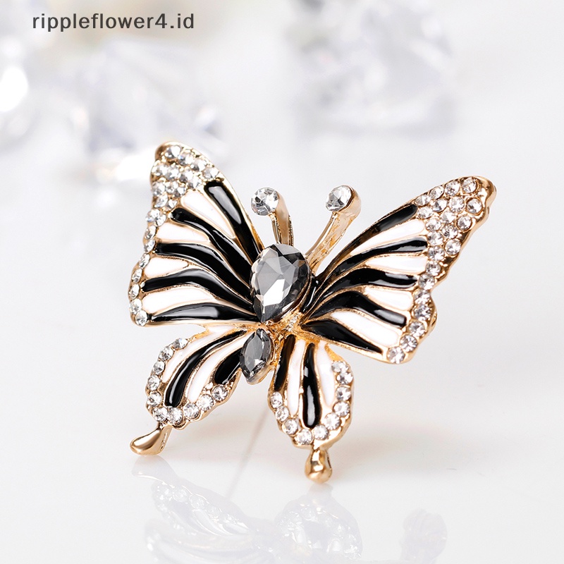 {rippleflower4.id} Fashion Hitam Kupu-Kupu Bros Kupu-Kupu Kristal Bros Aksesoris Elegan Pin~