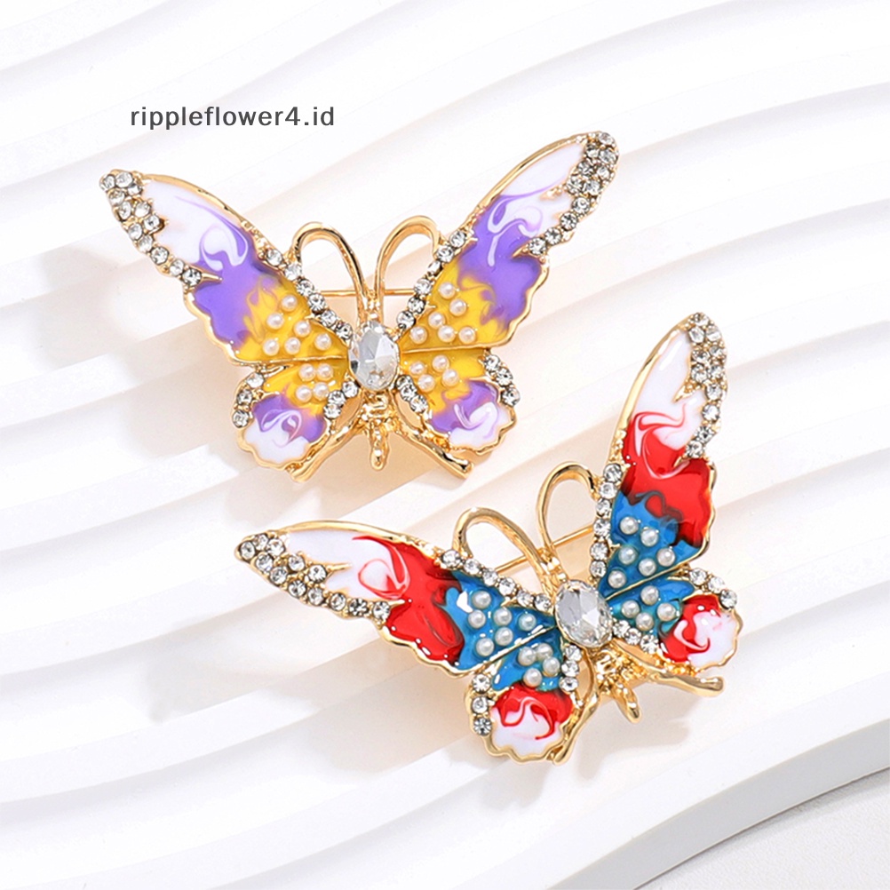 {rippleflower4.id} Wanita Enamel Kupu-Kupu Serangga Bros Pin Vintage Kristal Mutiara Bros Untuk Lady Perhiasan Pakaian Lencana Korsase~