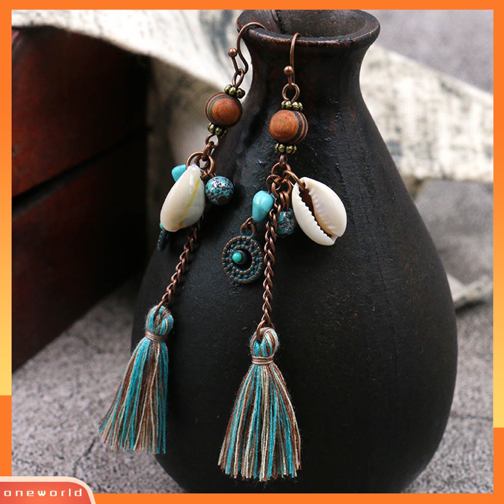 [WOD] Bohemia Wanita Faux Turquoise Shell Rumbai Panjang Menjuntai Kait Anting Perhiasan Hadiah