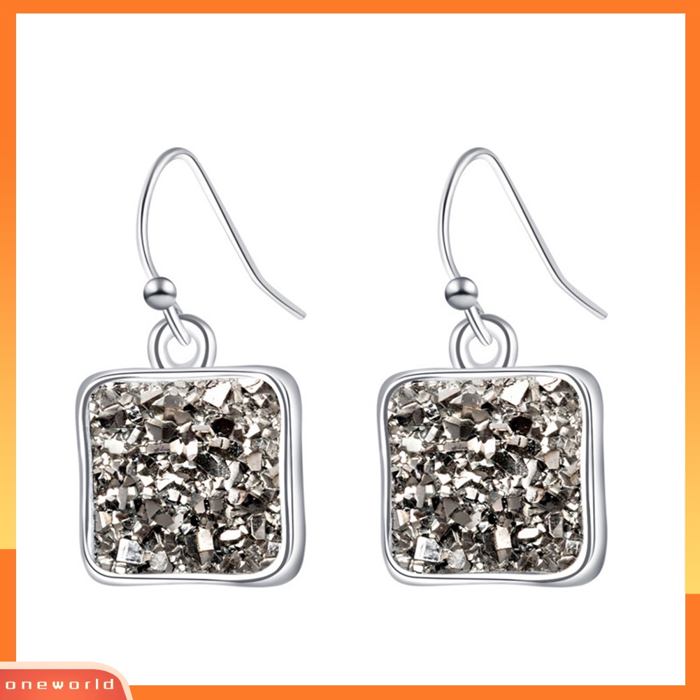 [WOD] Fashion Wanita Druzy Square Geometris Menjuntai Drop Hook Anting Perhiasan Hadiah