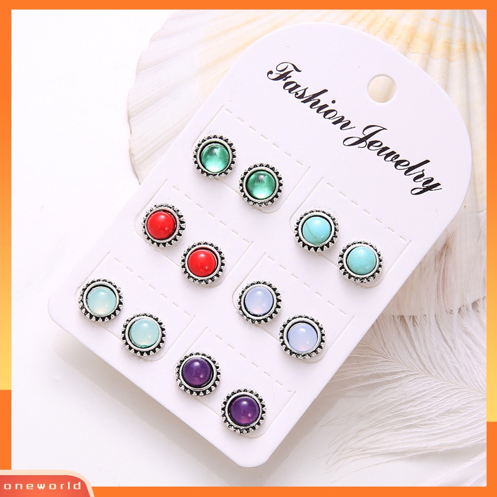 [WOD] 6pasang Wanita Vintage Faux Gemstone Round Ear Stud Earrings Pesta Perhiasan Hadiah