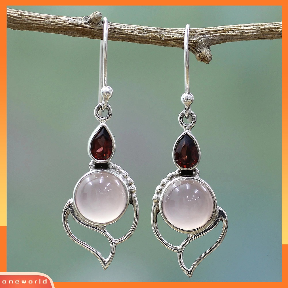 [WOD] Vintage Wanita Berongga Faux Rose Quartz/Ruby Drop Menjuntai Kait Anting Perhiasan