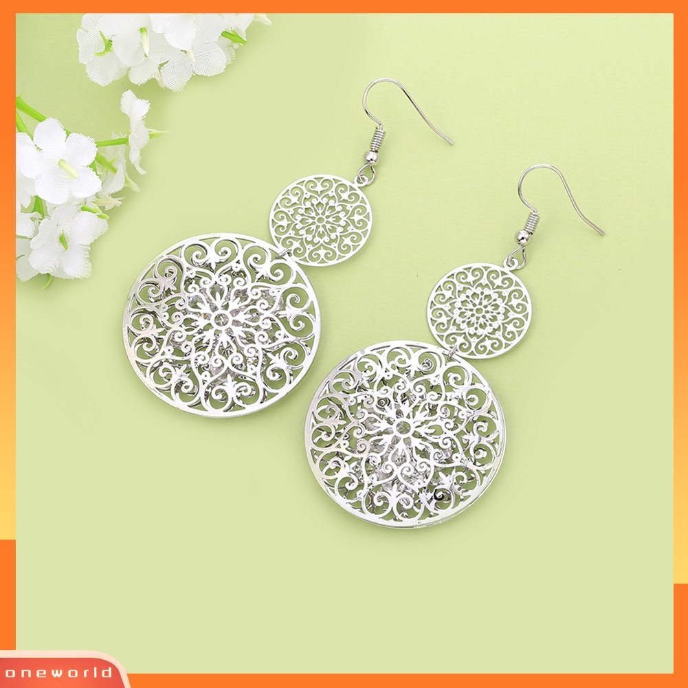 [WOD] Fashion Wanita Dua Lapisan Diukir Kerawang Drop Menjuntai Liontin Anting Perhiasan