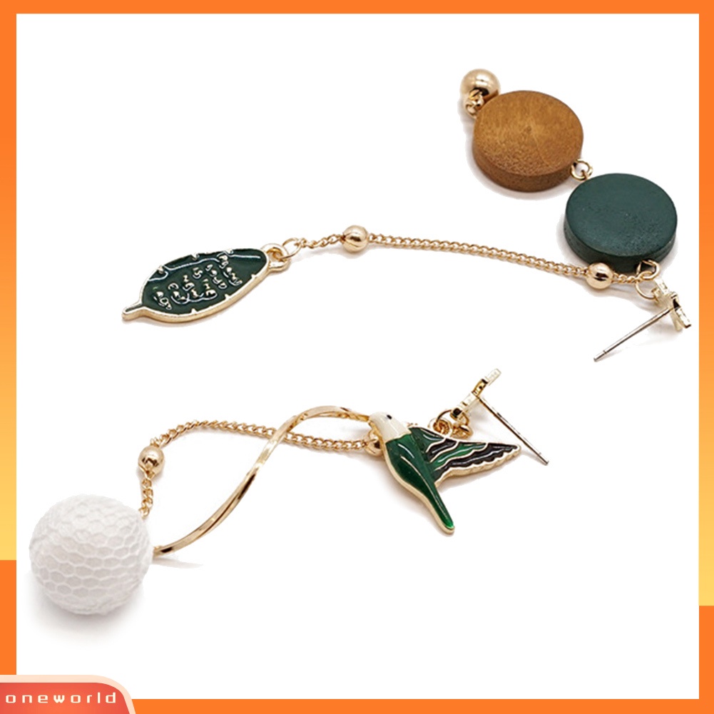 [WOD] Fashion Wanita Panjang Rumbai Daun Burung Asimetris Menjuntai Stud Earrings Perhiasan