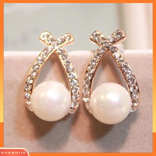 [WOD] Wanita Mutiara Imitasi Ear Studs Earrings Cross Berlian Imitasi Hadiah Perhiasan Pernikahan