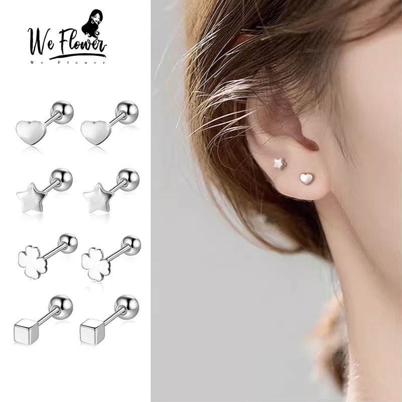 We Flower Chic Stainless Steel Jantung Bulan Bintang Tindik Sekrup Anting Untuk Wanita Pria Unisex Fashion Kubus Kecil Clover Stud Earrings Hypoallergenic Telinga Perhiasan Hadiah