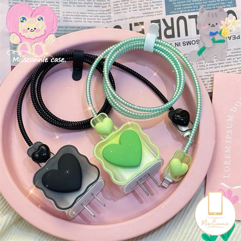 Cute 3D Permen Macaron Color Gradient Love Heart Wavy Edge 5in1 Charger Protector Set Kompatibel Untuk Apple 18/20W Adaptor Charger Dengan Penutup Pelindung Gigitan Kabel