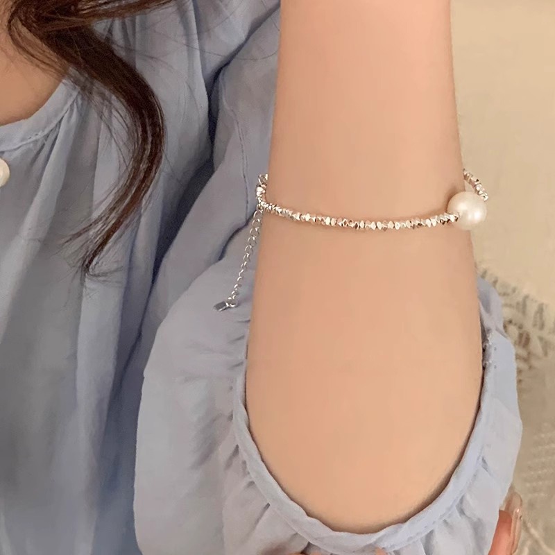 Roselife Korea Putih Mutiara Liontin Perak Bersinar Paillette Kecil Manik-Manik Gelang Untuk Wanita Perempuan Halus Mungil Berkilauan Pearl Bracelet Jewelry