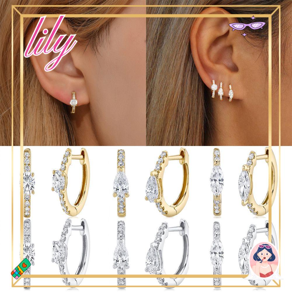 Lily Huggie Hoop Earrings Pernikahan Cubic Zircon Geometris Perak Lapis Emas Bulat Lingkaran