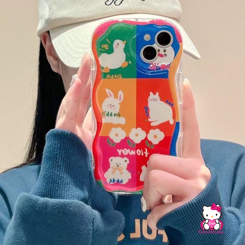 Case Kartun Kelinci Hewan Bunga Warna-Warni Untuk Realme C53 C55 C21Y C30 C35 C25 C25Y C11 C31 C33 C20 C25s C20A C3 C1 C21 C15 C12 6i 5s 5i 9i 7i 57 Casing Tepi Bergelombang 3D Lembut