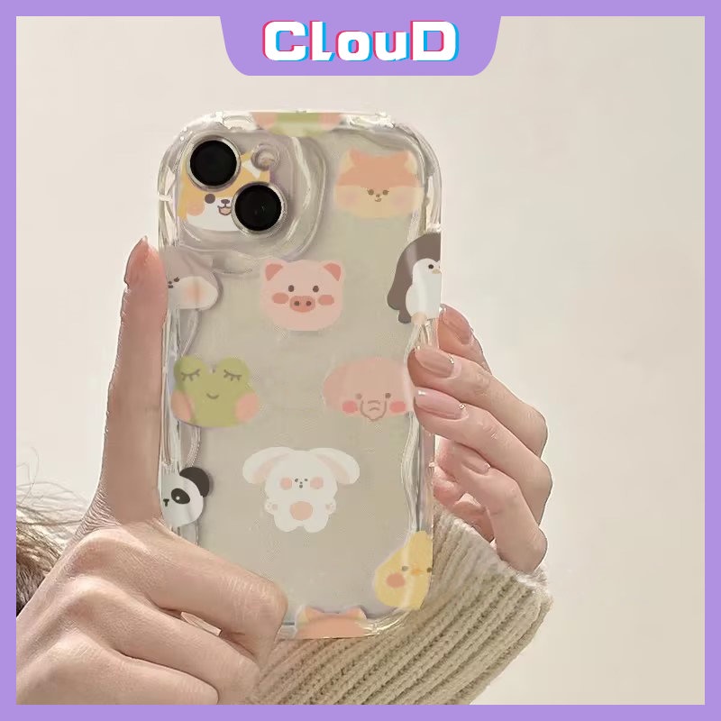 IPHONE Casing Ponsel Kompatibel Untuk Iphone13 11 14 12 Pro Max XR 7Plus 6 7 8 6s Plus X XS Max SE 2020 3D Wavy Curved Edge Cute Rabbit Pig Frog Kartun Hewan Kecil Bebek Beruang Soft Tpu Case