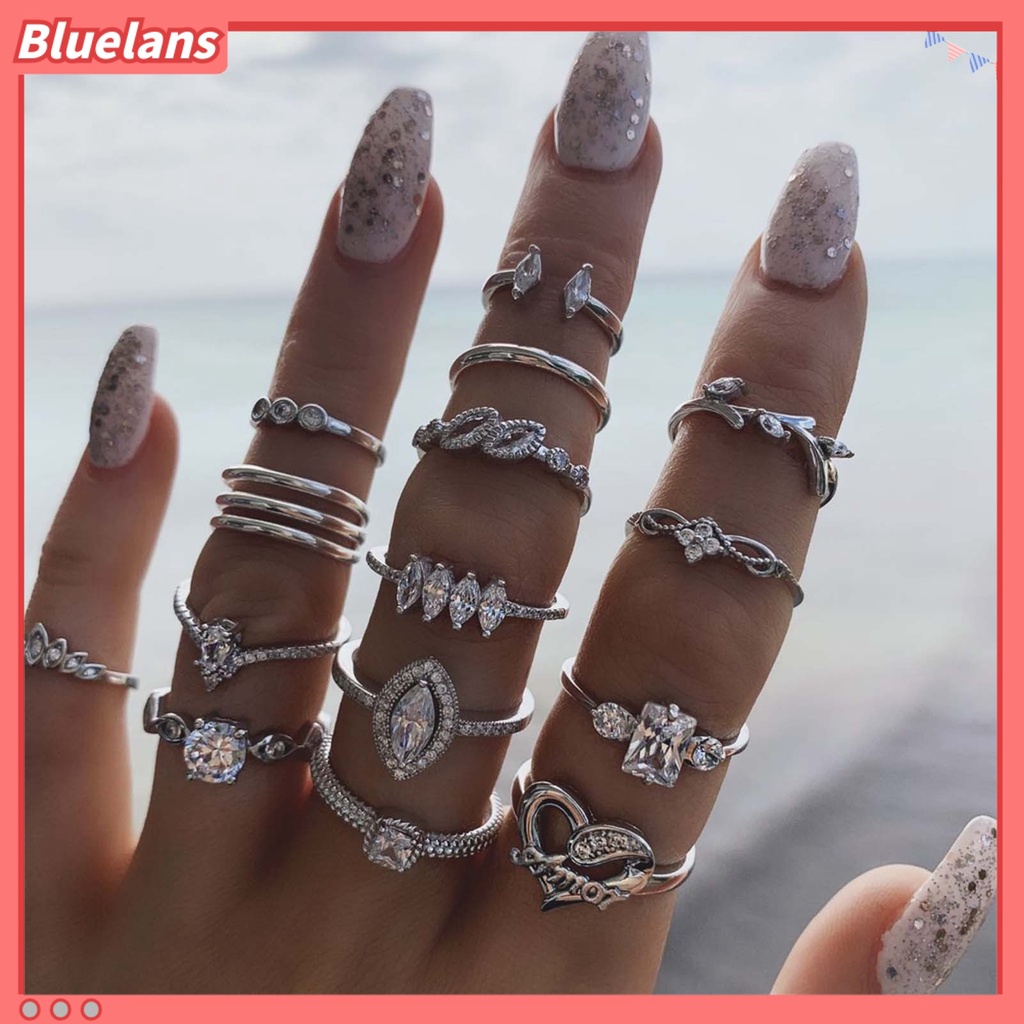 [BLS] 15pcs /Set Cincin Jari Individualitas Kreatif Paduan Pola Berbeda Berlian Imitasi Rings Untuk Kehidupan Sehari-Hari