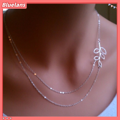 [BLS] Wanita Boho Fashion Rantai Berlapis Ganda Cabang Daun Pesona Perak Disepuh Kalung
