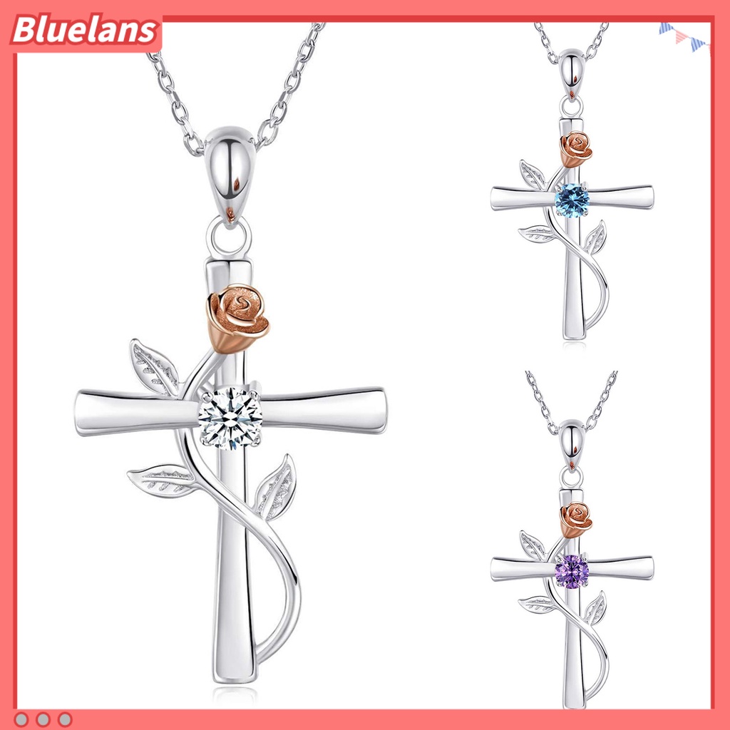 [BLS] Kalung Wanita Novelty High Gloss Silver Plated Cross Rose Flower Kalung Rantai Berlian Imitasi Mengkilap Untuk Pesta