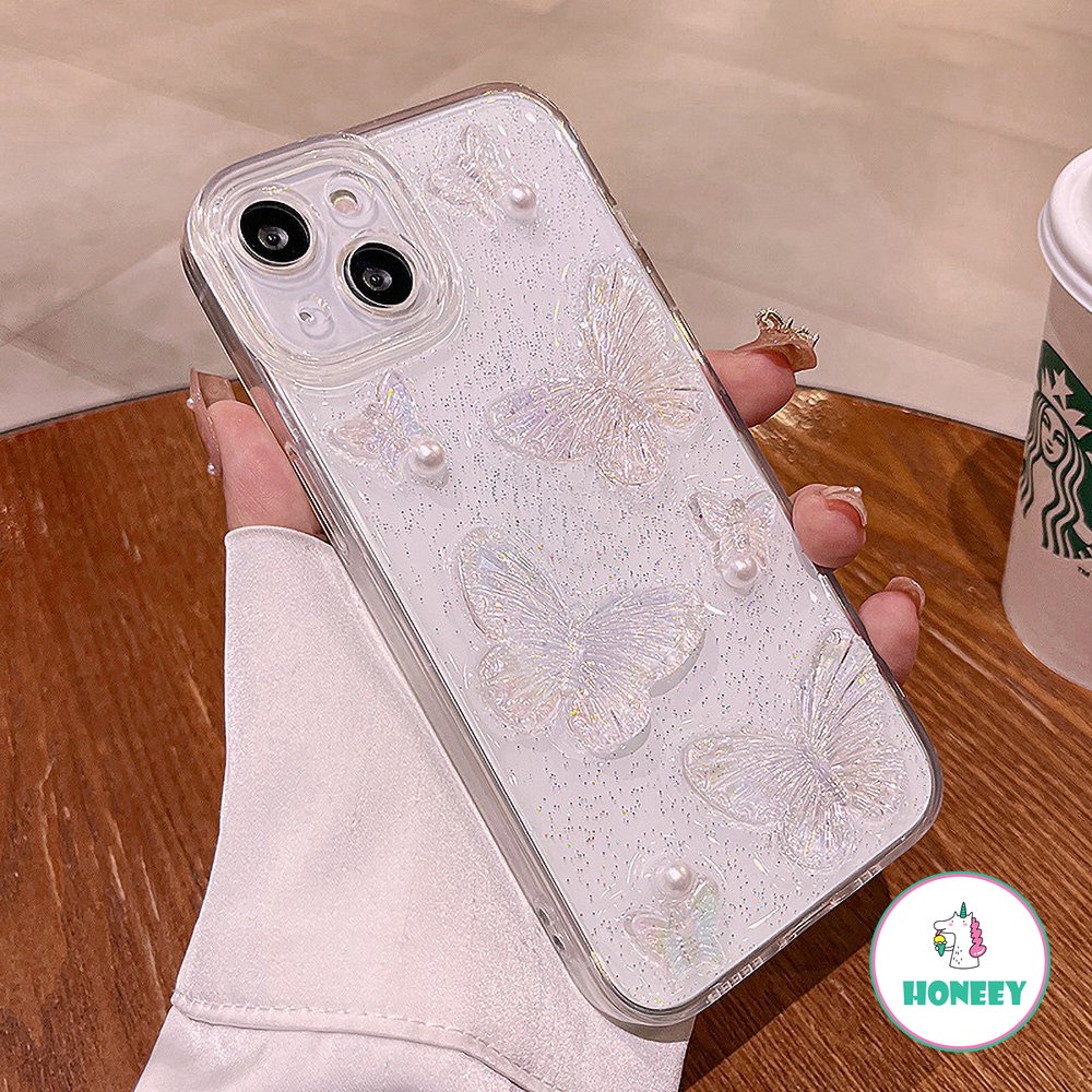 IPHONE Lucu 3D Busur Mutiara Kupu-Kupu Bening Casing Ponsel Untuk Iphone14 13 12 11 Pro Max XS Max XR X7 8plus Lensa Glitter Dilindungi Lembut Shockproof Cover