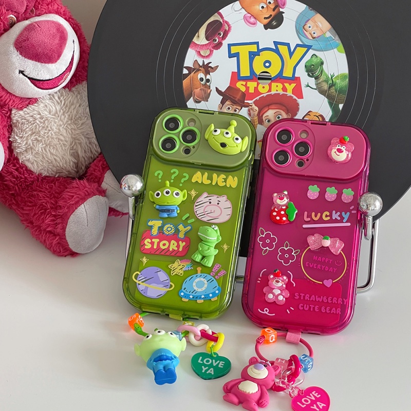 IPHONE Toy Story Strawberry Bear Dengan Ornamen Boneka 3D Vanity Mirror Phone Case Untuk Iphone11 12 13 14 Pro Max Xs Xr Tahan Debu Case Phone Shell