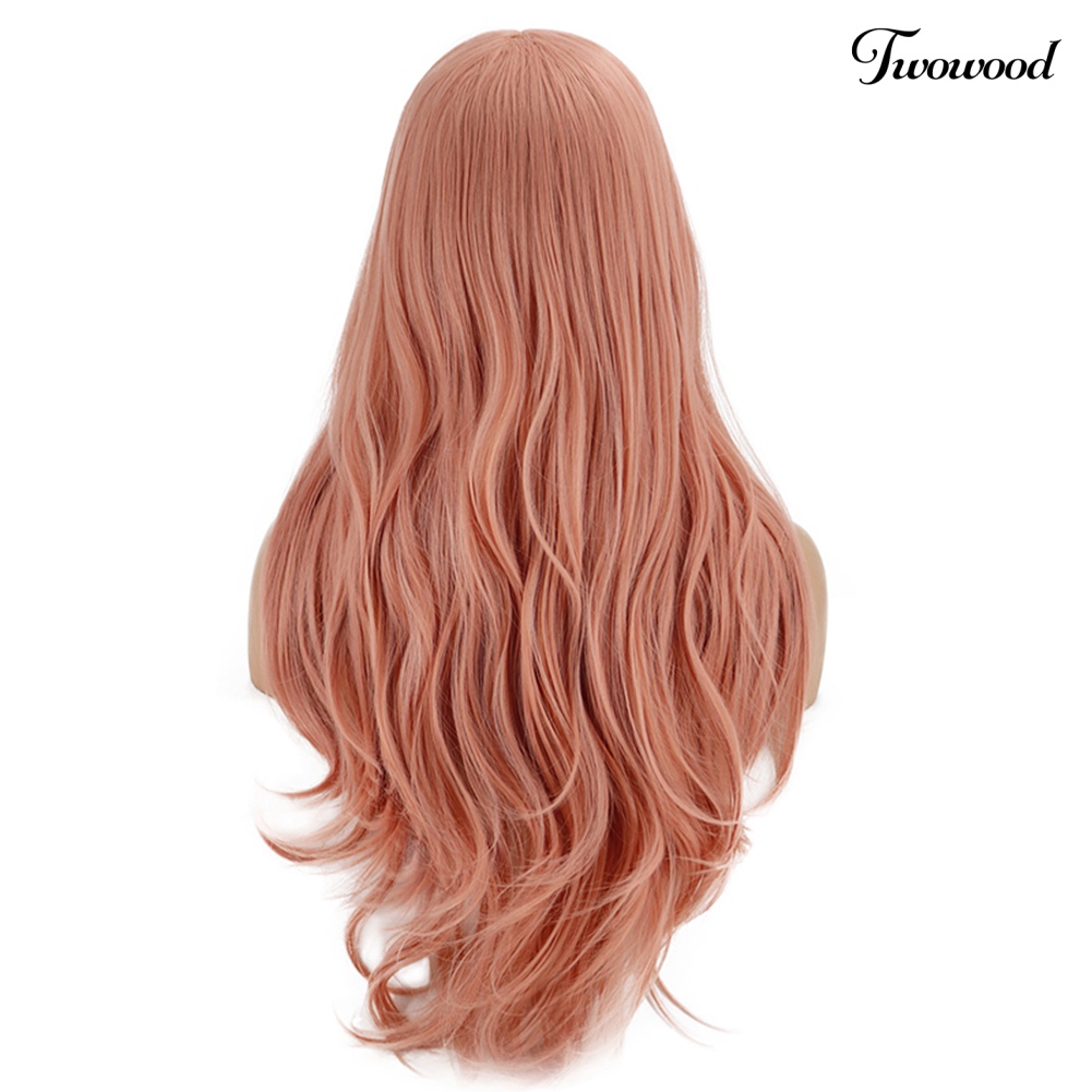 Twowood Wanita Panjang Keriting Rambut Sintetis Rose Net Pink Wig Pesta Ekstensi Sopak