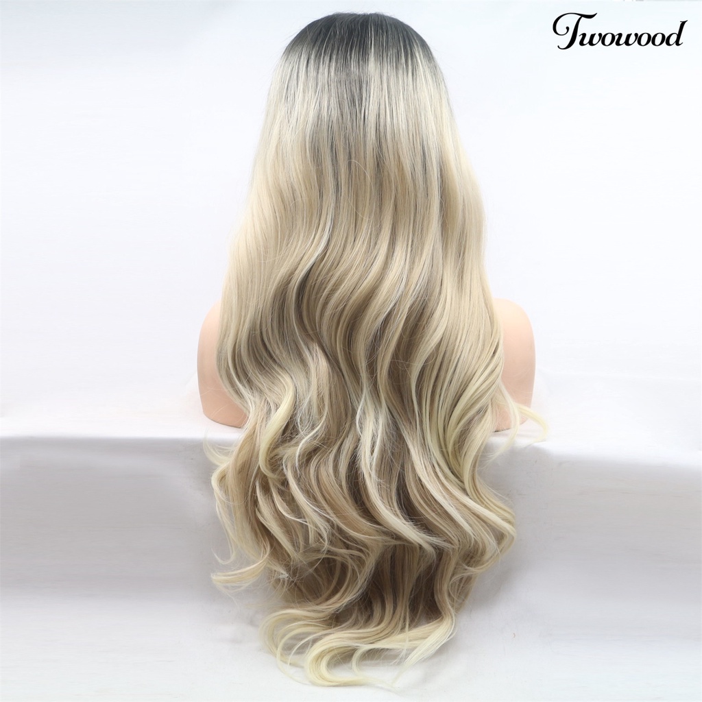 Twowood Wig Keriting Panjang Universal Halus Ringan Medium Split Long Smoky Grey Gradient Blonde Wig Untuk Rumah