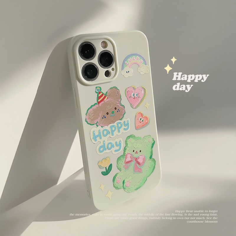 Nice Oil Painting Green Bear Soft Silicon Case iP iPhone 14 + Plus 11 12 13 Pro Max Cream FTD Girl Woman Casing Apple