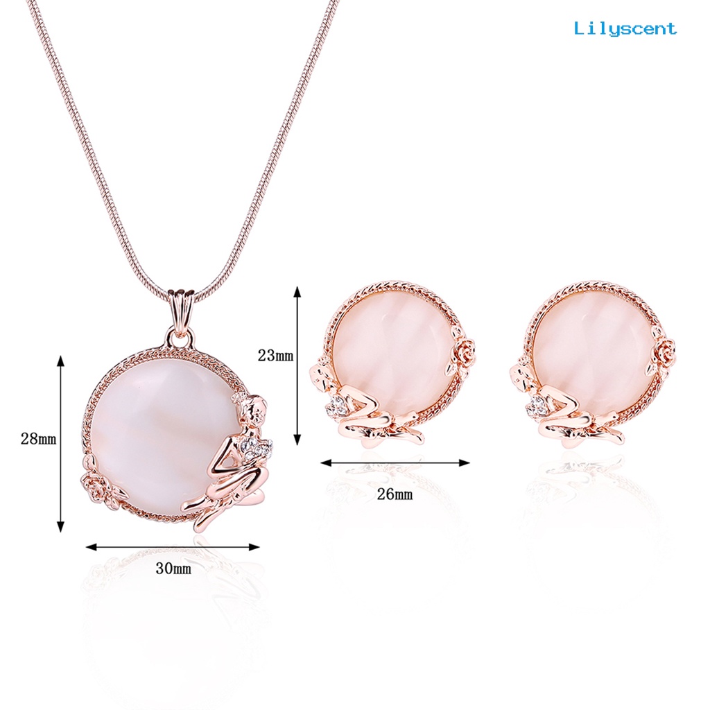 [LS]1 Set Kalung Anting Set High Gloss Bulat Opal Electroplating Kristal Imitasi Dress Up Stud Anting Liontin Kalung Set Perhiasan Aksesori