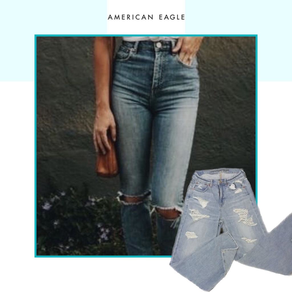 Ripped Wide Leg Jeans in Medium Wash Blue by American Eagle - Celana Panjang Wanita