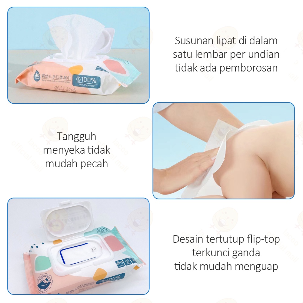 Lacoo Tisu basah bayi 80 pcs Tissue basah bayi anak/baby wipes untuk mulut non alkohol