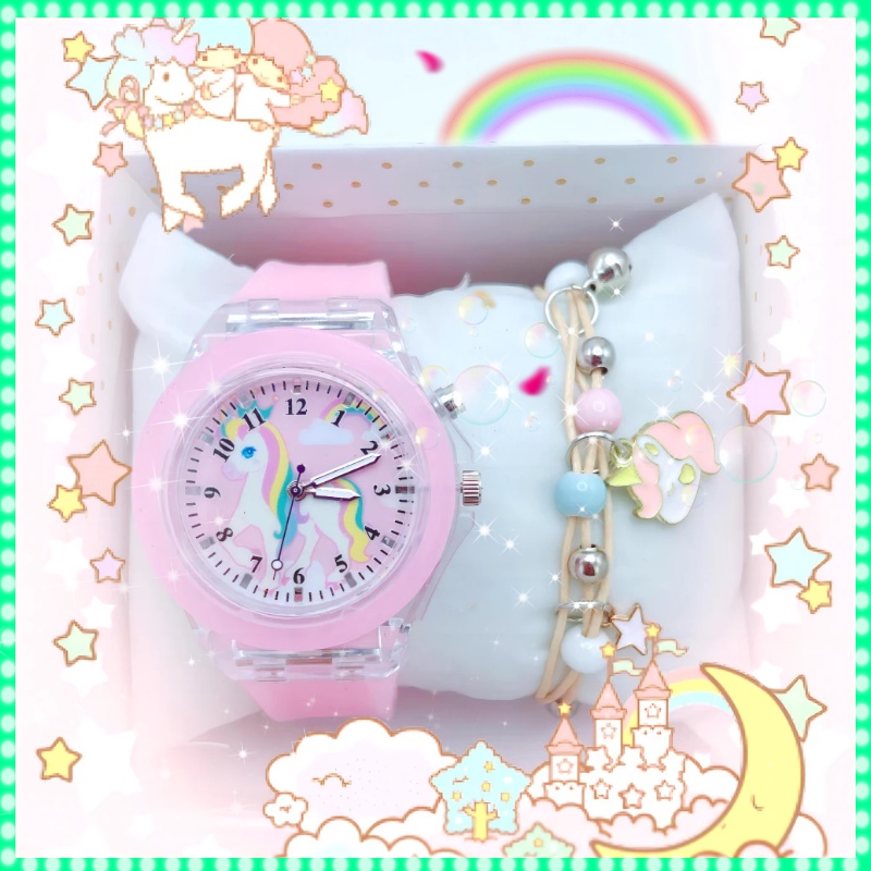 【Set Kado】  jam anak tk perempuan Jam Tangan Anak Fashion Baru Warna LED Bercahaya Jam Tangan Kartun Gadis Berkilau