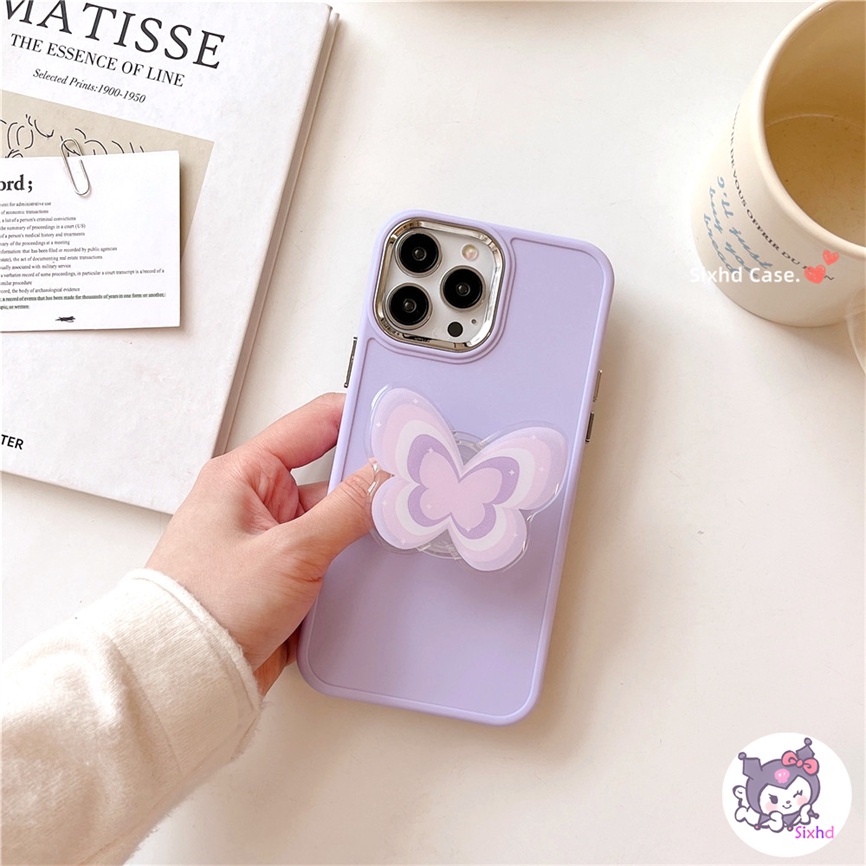 IPHONE Kompatibel Untuk Iphone11 14 13 12 Pro Max8 7Plus X Xs Xr Xs Max SE2020 Electroplated Lens Frame Protection Simple Purple Butterfly Fashion Phone Case+Braket Lembut Anti Jatuh Cover