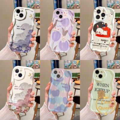 IPHONE Lukisan Cat Minyak Bunga Kelinci Lucu Love Heart Green Toast Bread Case Kompatibel Untuk Iphone7 8 6 6S Plus XR X XS Max11 13 14 12 Pro Max SE 2020 Fresh Tulips 3D Wavy Curved Edge Case