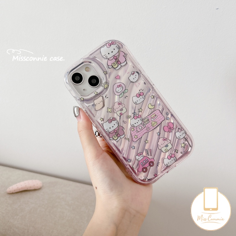 Doodle Kartun Lucu Hello Kitty Kartu Laser Casing Bening Kompatibel Untuk IPhone XR 11 12 13 14 Pro MAX 78 Plus 6 6S 7 8 Plus X XS MAX SE 2020 Sarung Pola Kerut Stereo 3D