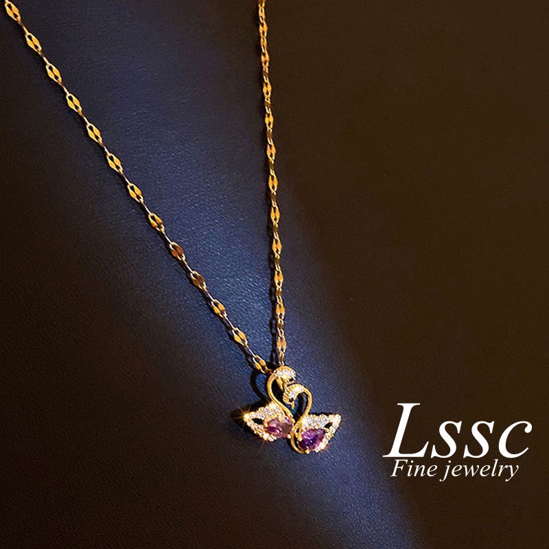 Kalung Titanium Wanita Anti Karat Swan Angsa Kristal Ungu Berlian Emas 18K Cantik Aesthetic Korea Aksesoris Perhiasan