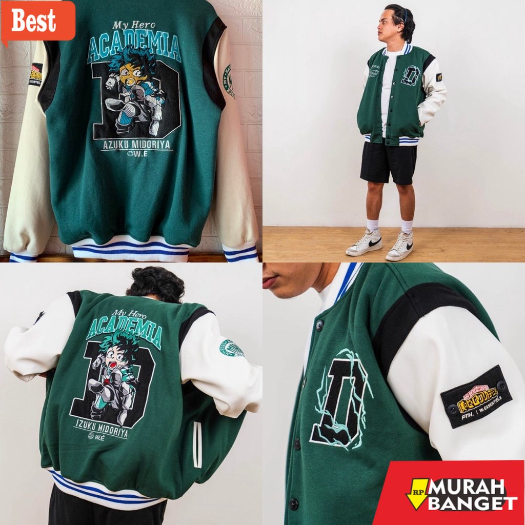 Jaket kulit pria terbaru- MY HERO ACADEMIA JAKET VARSITY GREEN IZUKU MIDORIYA BEST QUALITY