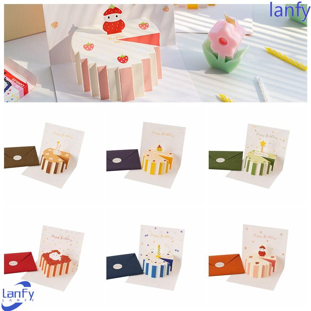 Lanfy Kartu Kue Ulang Tahun 3D Dengan Amplop Kartun Hadiah Ulang Tahun Tulisan Tangan Merayakan Happy Birthday Card Untuk Teman