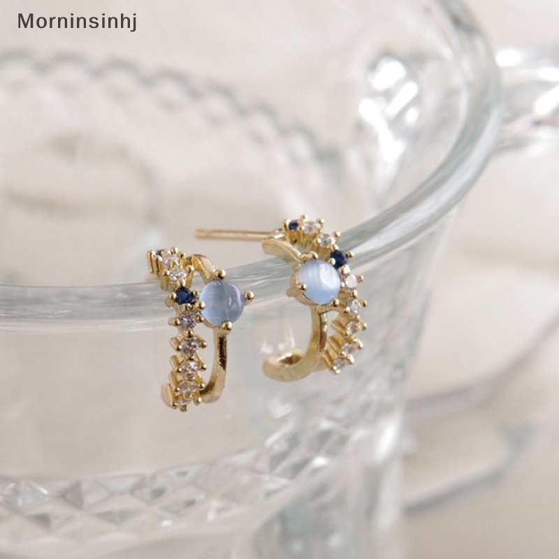 Mornin Blue Opal Stud Earrings Untuk Wanita Korea Cahaya Zirkon Mutiara Fashion Kristal Manis Anting Gadis Perhiasan id