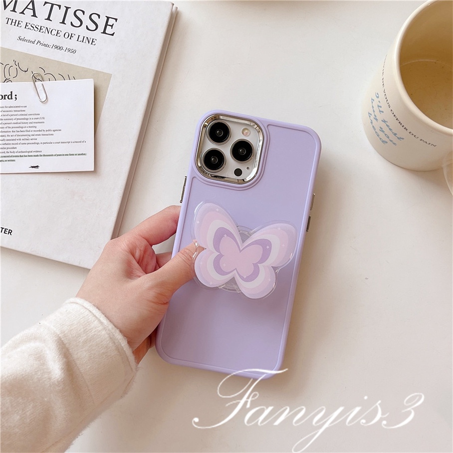 Compatible For iPhone 14 13 12 11 Pro Max X XR Xs Max 8 7 Plus Kompatibel Untuk Warna Kupu-Kupu Ungu Casing Ponsel Lembut Cover Pelindung Dengan Bracket