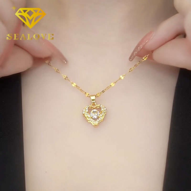 Kalung Titanium Wanita Hati Berlian Emas 18K Anti Karat Aesthetic Mewah Korea Fashion Aksesoris Perhiasan