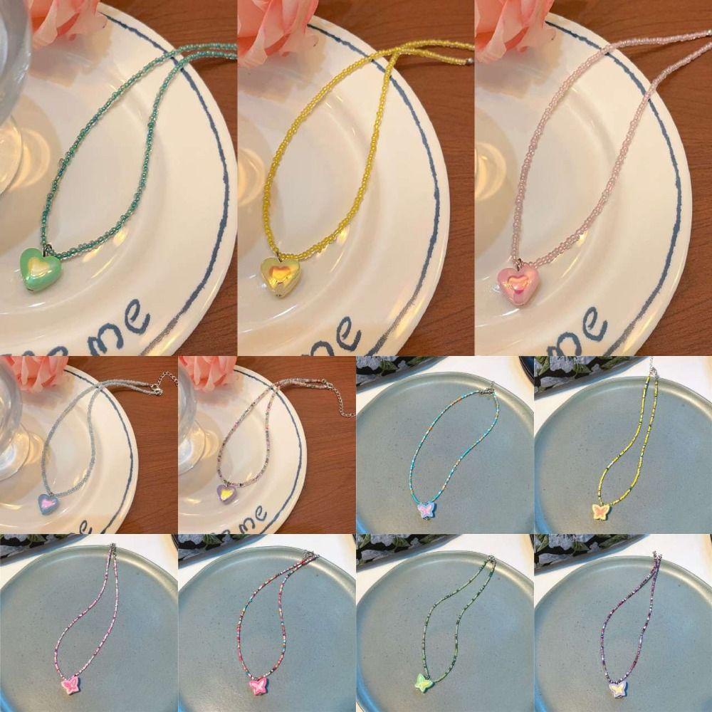 Mxbeauty Y2K Kalung Hati Trendy Manis Kupu-Kupu Pendent Girl Choker Akrilik Multi-Warna Gadis Manik-Manik Kalung Untuk Hadiah Ulang Tahun