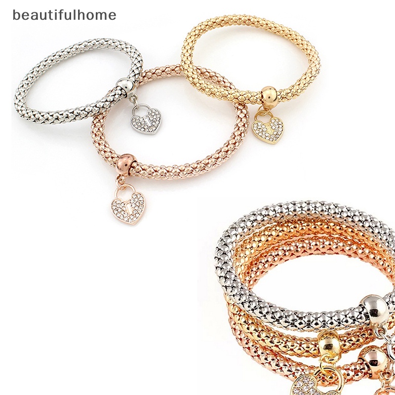 {beautifulhome} 3pcs Wanita Fashion Ctue Pesona Kristal Berlian Imitasi Hati Gelang Elastis Bangles.