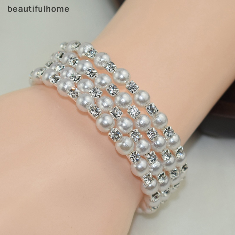 {beautifulhome} Gelang Mutiara Imitasi Kristal Elegan Multilayer Gelang Mutiara Stretchable Pearl Bracelet Untuk Wanita Hadiah Perhiasan Pengantin.