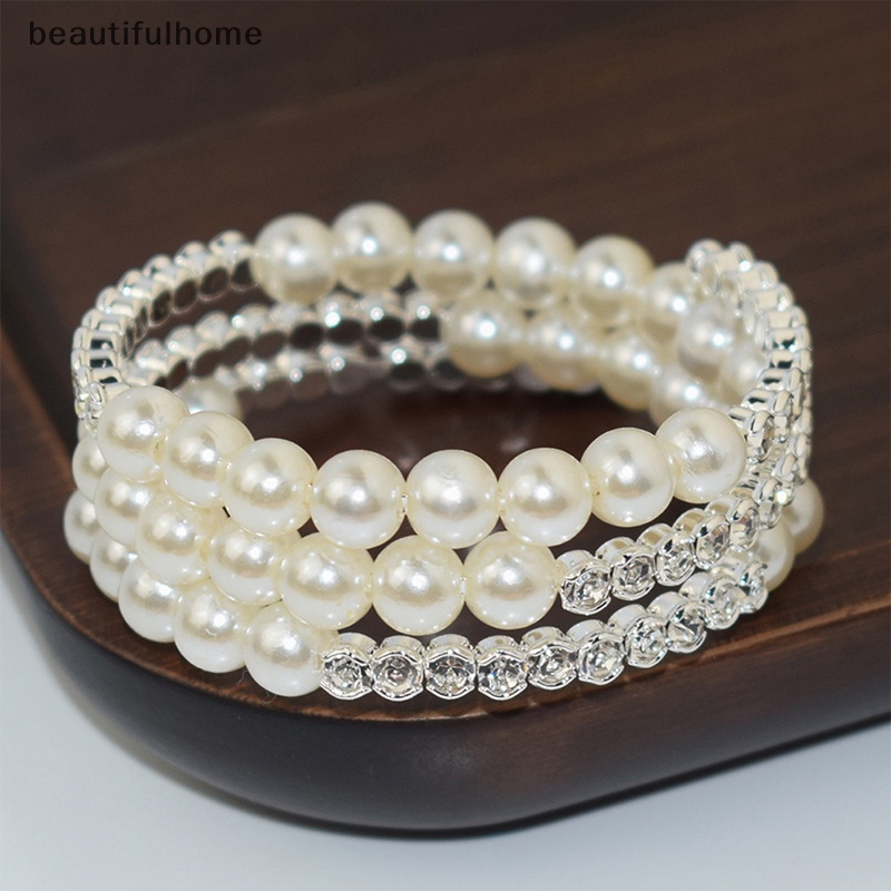 {beautifulhome} Gelang Mutiara Imitasi Kristal Elegan Multilayer Gelang Mutiara Stretchable Pearl Bracelet Untuk Wanita Hadiah Perhiasan Pengantin.