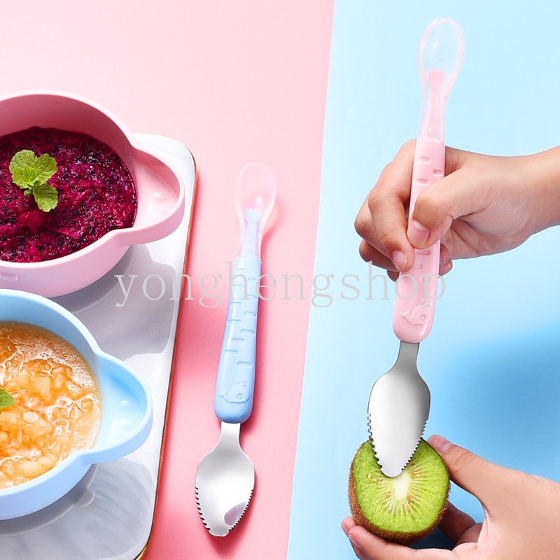 Double-head Fruit Mud Scraper Stainless Steel Fruit Scraping Spoons Silikon Lembut Sendok Suplemen Makanan Sendok Makan Bayi Balita Sendok Garpu