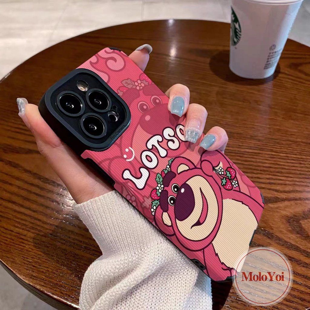 IPHONE Indah Mewah Tekstur Kulit Shockproof Phone Case Kompatibel Untuk Iphone12 Pro Max11 13 14 Plus XR X XS Max7 8 Plus Kartun Lucu Manyo Strawberry Bear Cover