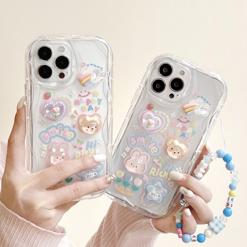 3D Clear Crystal Hand Made Diy Cute Cream Rabbit Bear Flower Soft Case IPhone 11 12 13 14 Pro Max New Apple for Women Girls Gift Bracelet Airbag Case