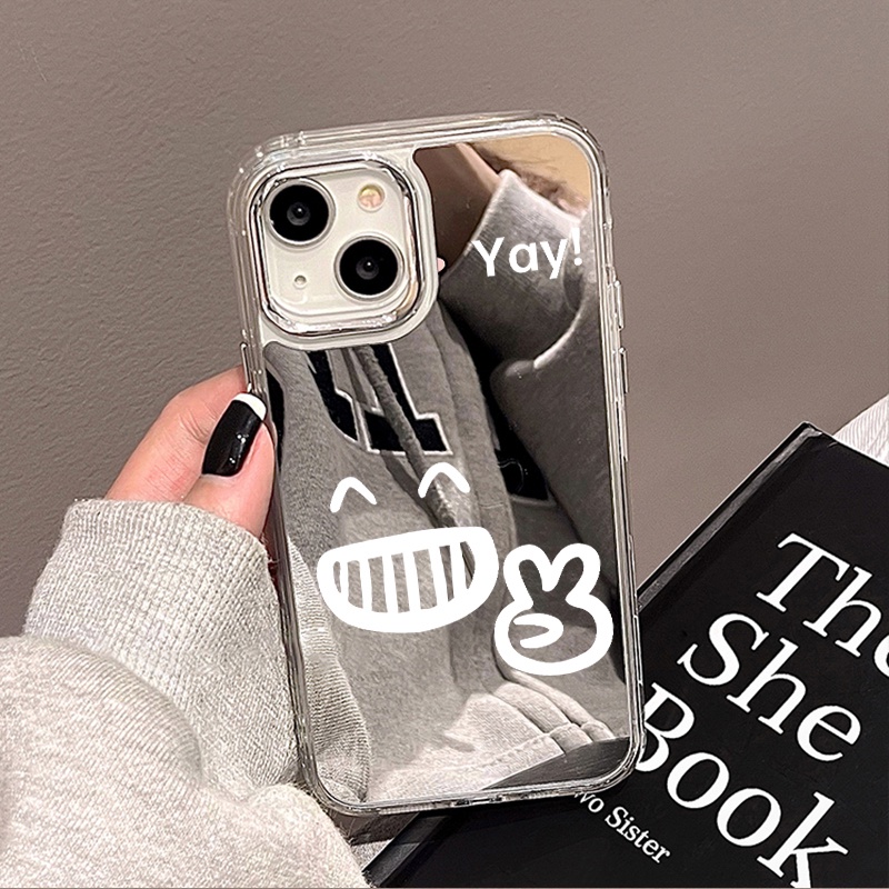 IPHONE Kartun Yay Emoji Mirror Phone Case Kompatibel Untuk Iphone11 12 13 14 12Pro 13Pro 14Pro Pro Max XR X XS Max Electroplating Tombol Perlindungan Mirror Cover