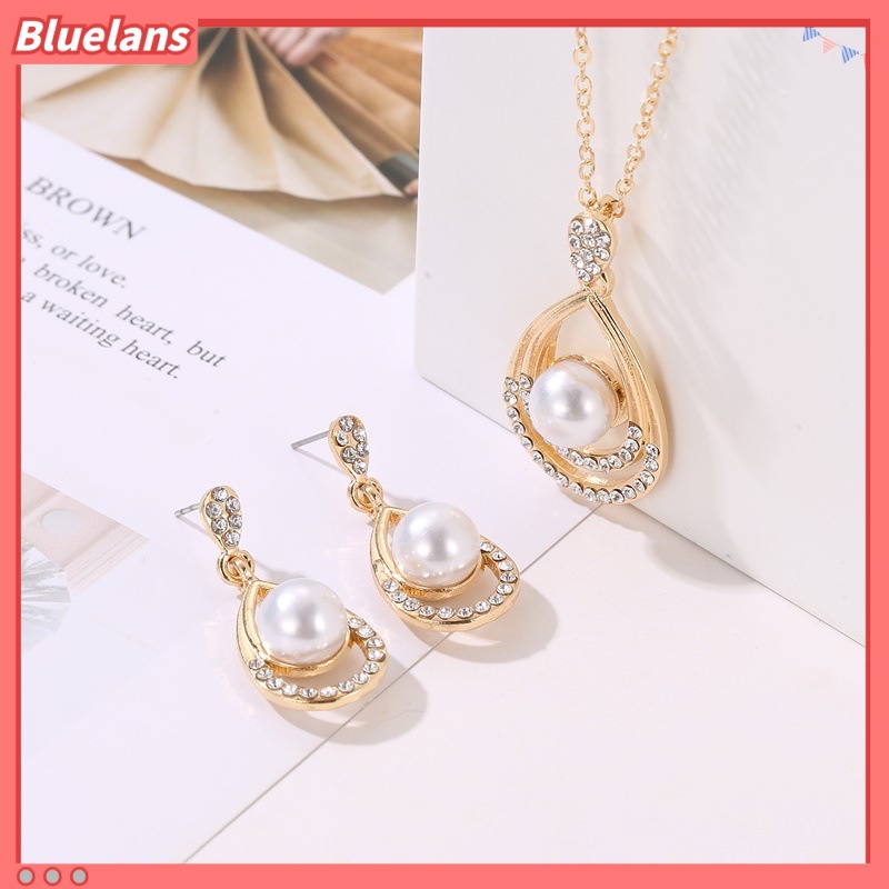 [BLS] Temperamen Bertabur Berlian Berongga Berbentuk drop Kalung Dan Anting set Dua Potong