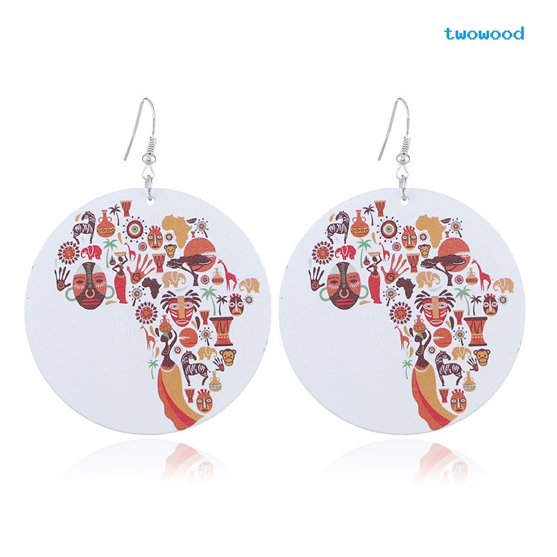 Twowood Trendy geometric circular wood printing Gabungan Peta Afrika Anting Kayu