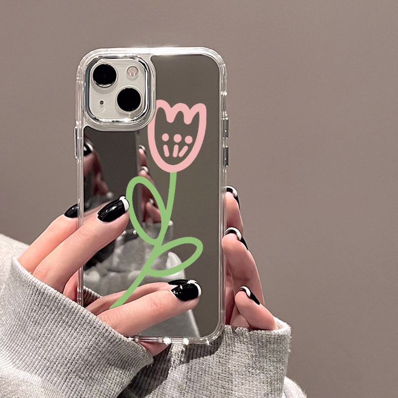 IPHONE Casing Ponsel Cermin Graffiti Tulip Kompatibel Untuk Iphone11 12 13 14 12Pro 13Pro 14Pro Pro Max XR X XS Max Electroplating Tombol Perlindungan Mirror Cover