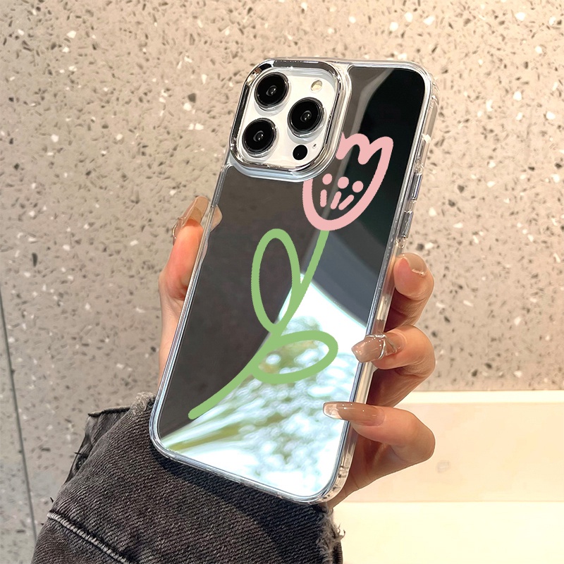 IPHONE Casing Ponsel Cermin Graffiti Tulip Kompatibel Untuk Iphone11 12 13 14 12Pro 13Pro 14Pro Pro Max XR X XS Max Electroplating Tombol Perlindungan Mirror Cover