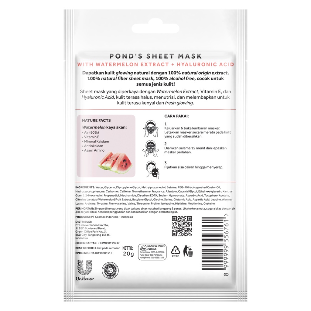[Jakarta]-PONDS JUICE COLLECTION SHEET MASK / MASKER WAJAH WATERMELON EXTRACT 20G-[EXPIRY DATE:28-09-2023]