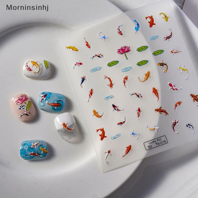 Mornin 5D Timbul Warna-Warni Daun Teratai Ikan Kecil Lembut Relief Nail Art Stiker DIY id